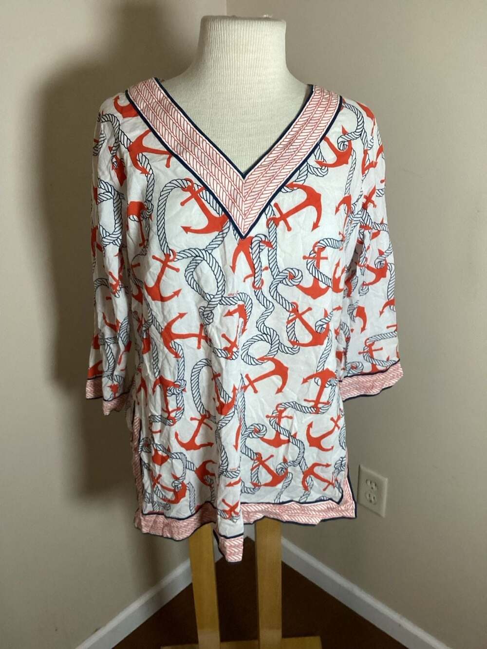 Gretchen Scott Tunic Size M Anchor Rope Print V-Neck